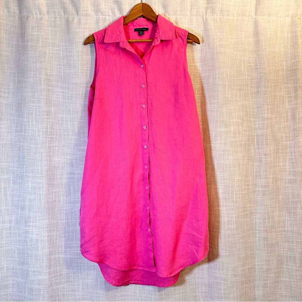 Saks Fifth Ave Pink Sleeveless Shirt Dress 100% Linen 90s Preppy Fall Women’s L
